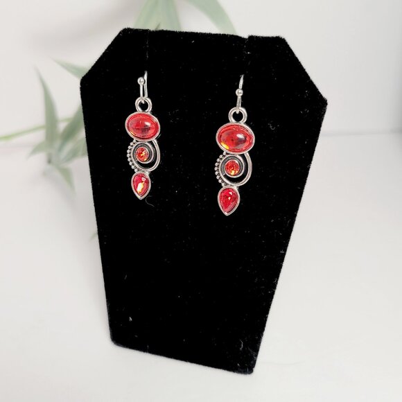 Elegant Red and Silver Tone Dangle Earrings - Picture 1 of 5